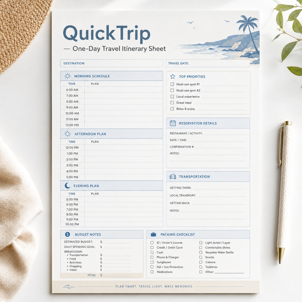 QuickTrip Coastal One-Day Travel Itinerary Printable